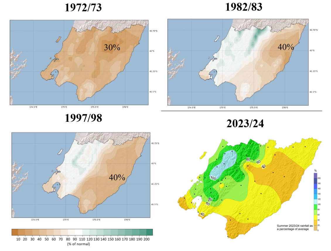 Maps of summer El Niño impacts in the Wellington Region for the years 1972/73, 1982/83, 1997/98, and 2023/24