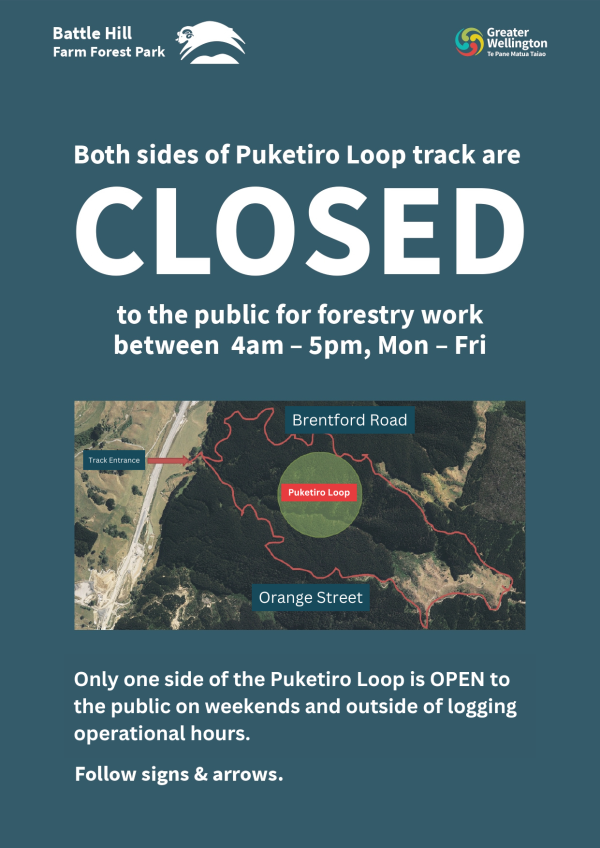 Both sides of Puketiro Loop track are closed to the public for forestry work between 4am-5pm, Mon-Fri